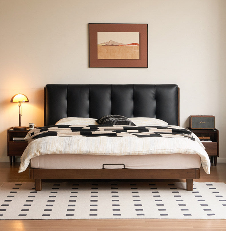 Rubberwood Solid Wood Italian Style Bed with Leather Headboard and Soft Goose Down Cushion