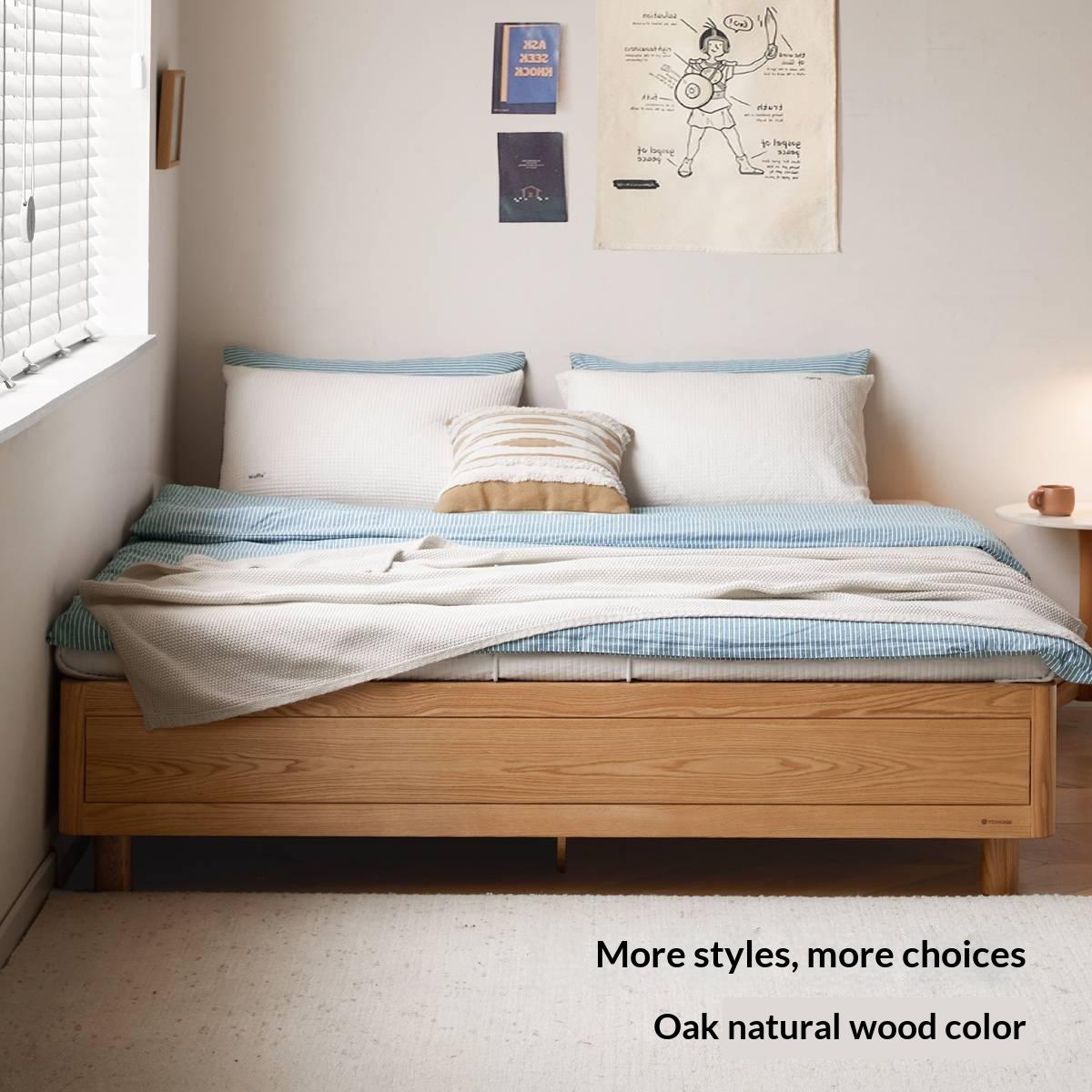 Oak Solid Wood Modern Platform Bed, Headboard-Free Box Bed