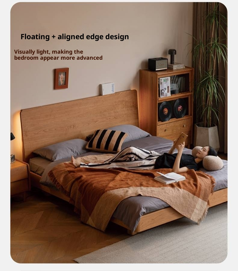 Cherry Solid Wood Suspended Bed with Light