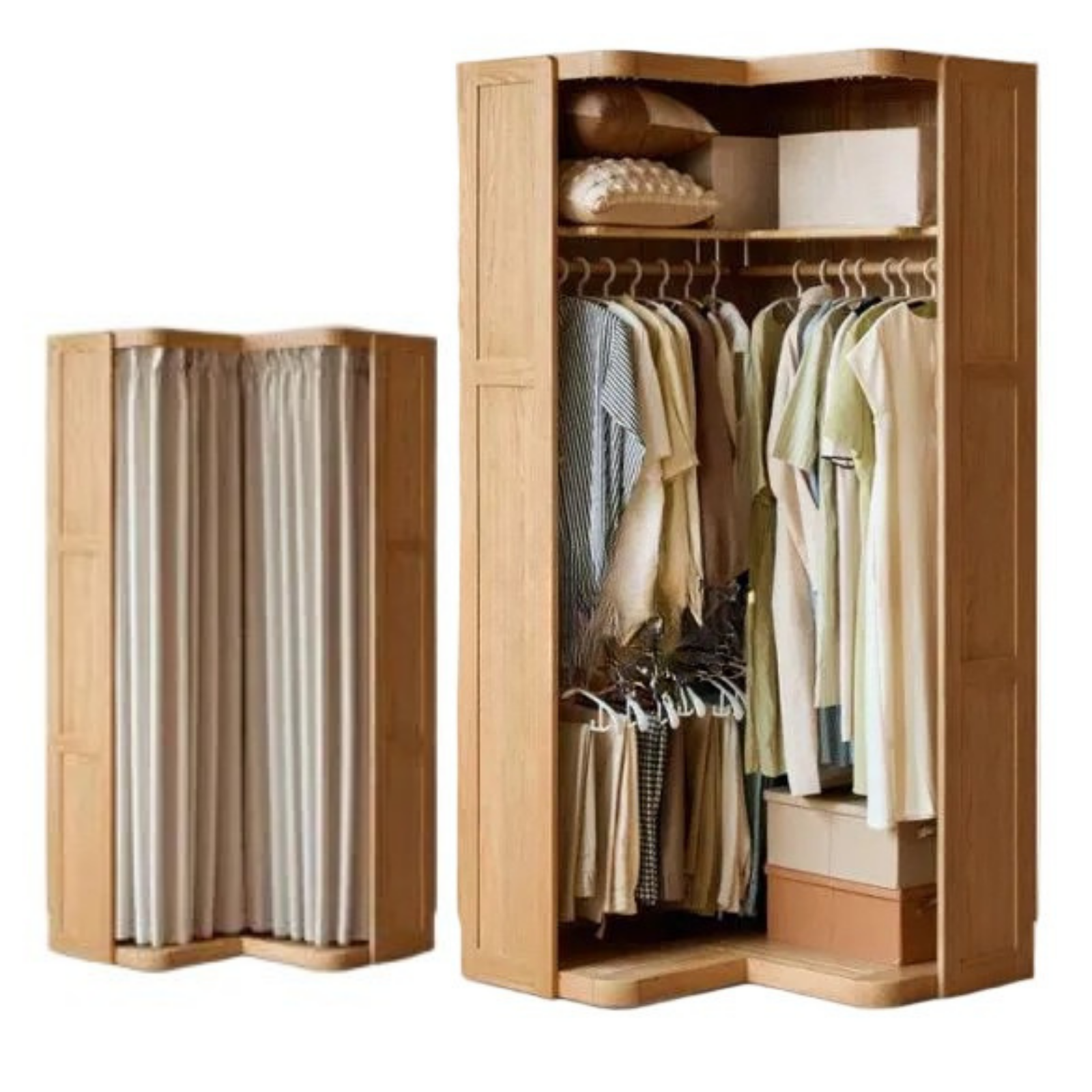 Oak Solid Wood Corner Wardrobe with Removable and Washable Fabric Curtain