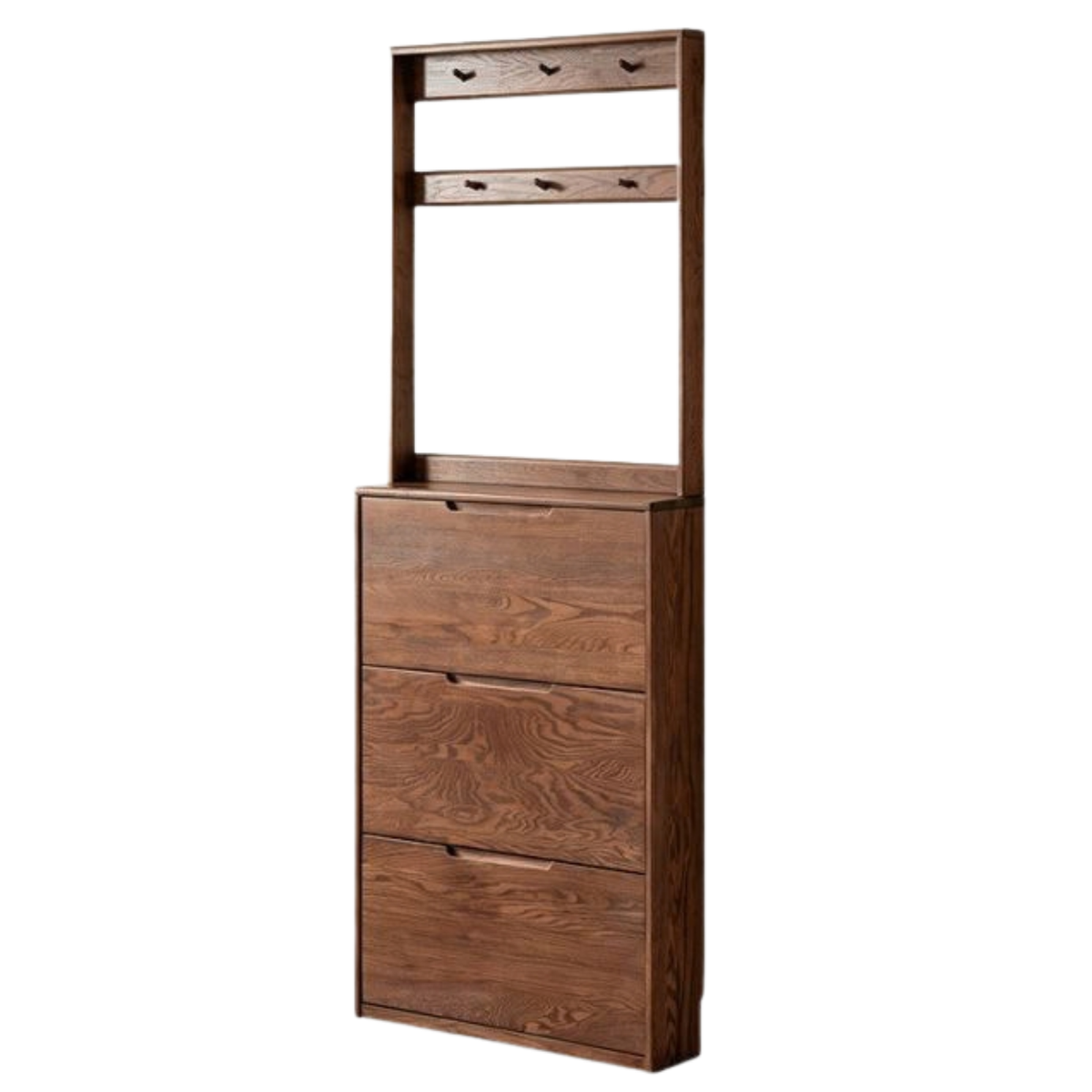 Oak Solid Wood Narrow Hall Tree with Shoe Storage Cabinet and Coat Hooks