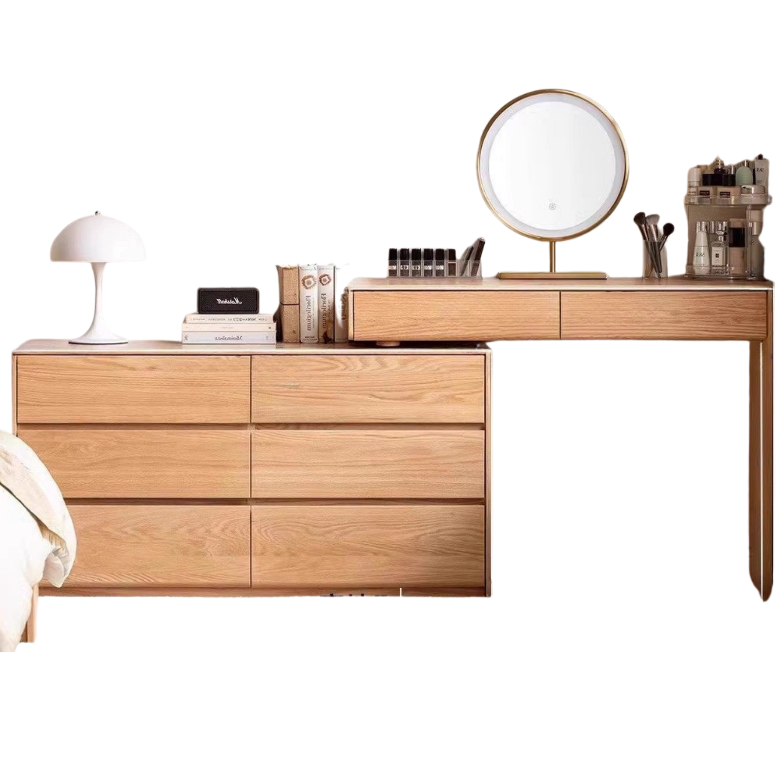 Oak, Ash Solid Wood Retractable Vanity Table Storage Cabinet.