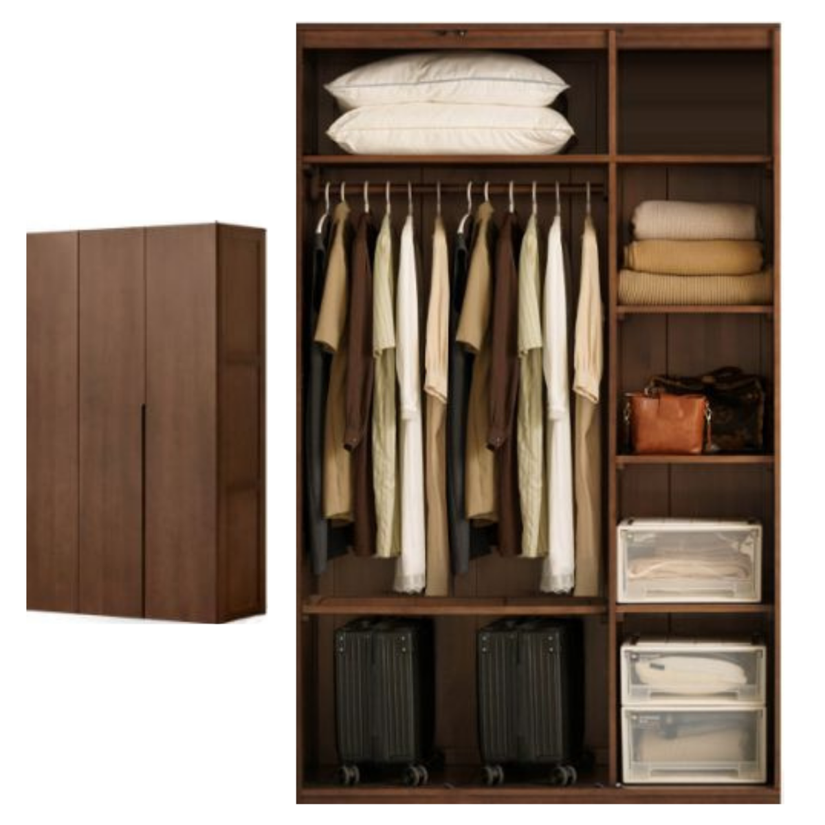 Sandalwood, Black Walnut Solid Wood Floor-to-Ceiling Wardrobe Closet with Interior Shelving and Hanging Rods