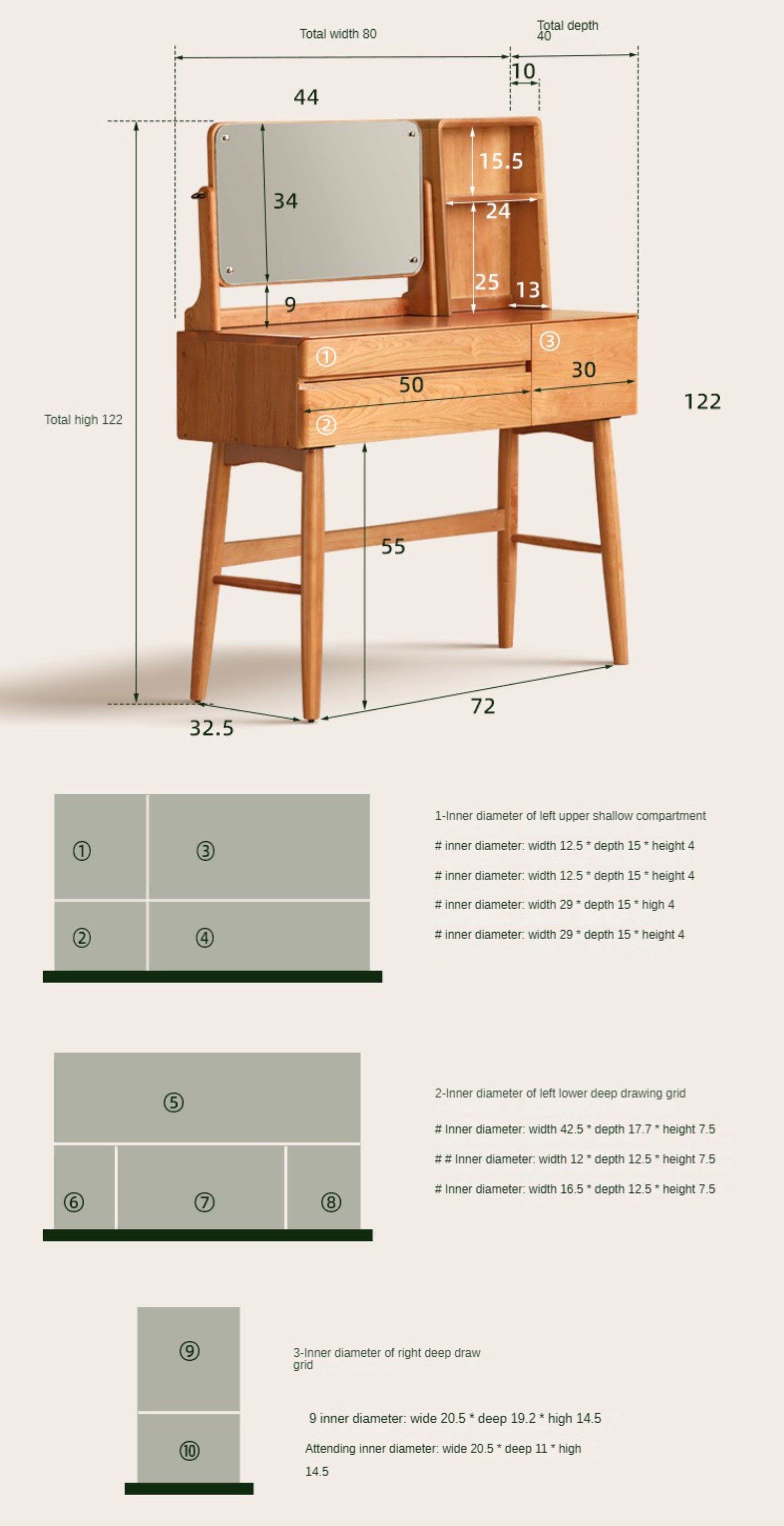 Cherry Solid Wood Vanity Table Nordic Makeup Mirror.