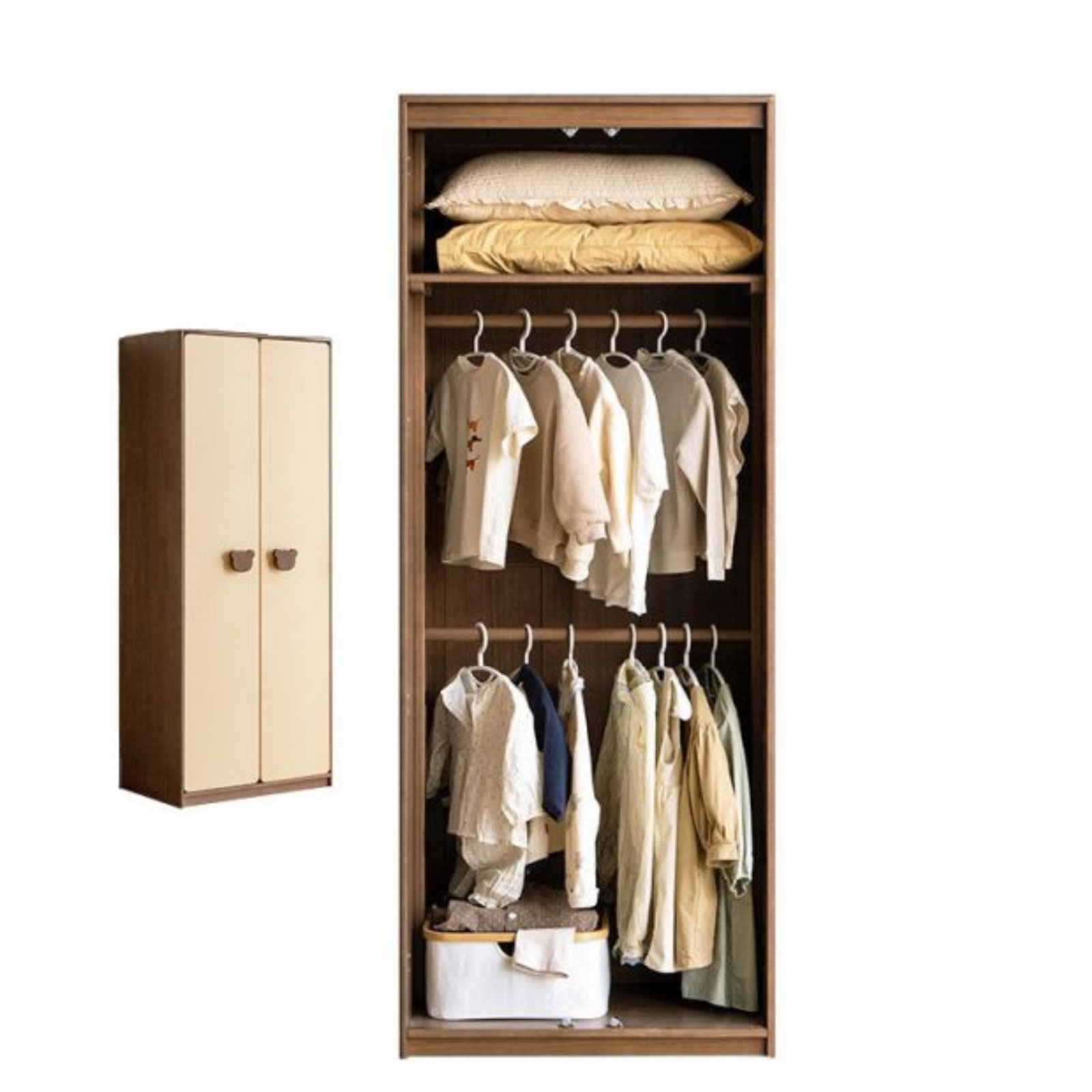 Solid RubberWood Kids Wardrobe Closet with Bear Handles and Storage Drawers