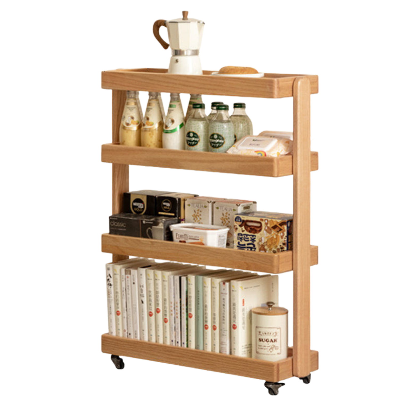 Oak Solid Wood Mobile Storage Rack Cart Ultra Narrow