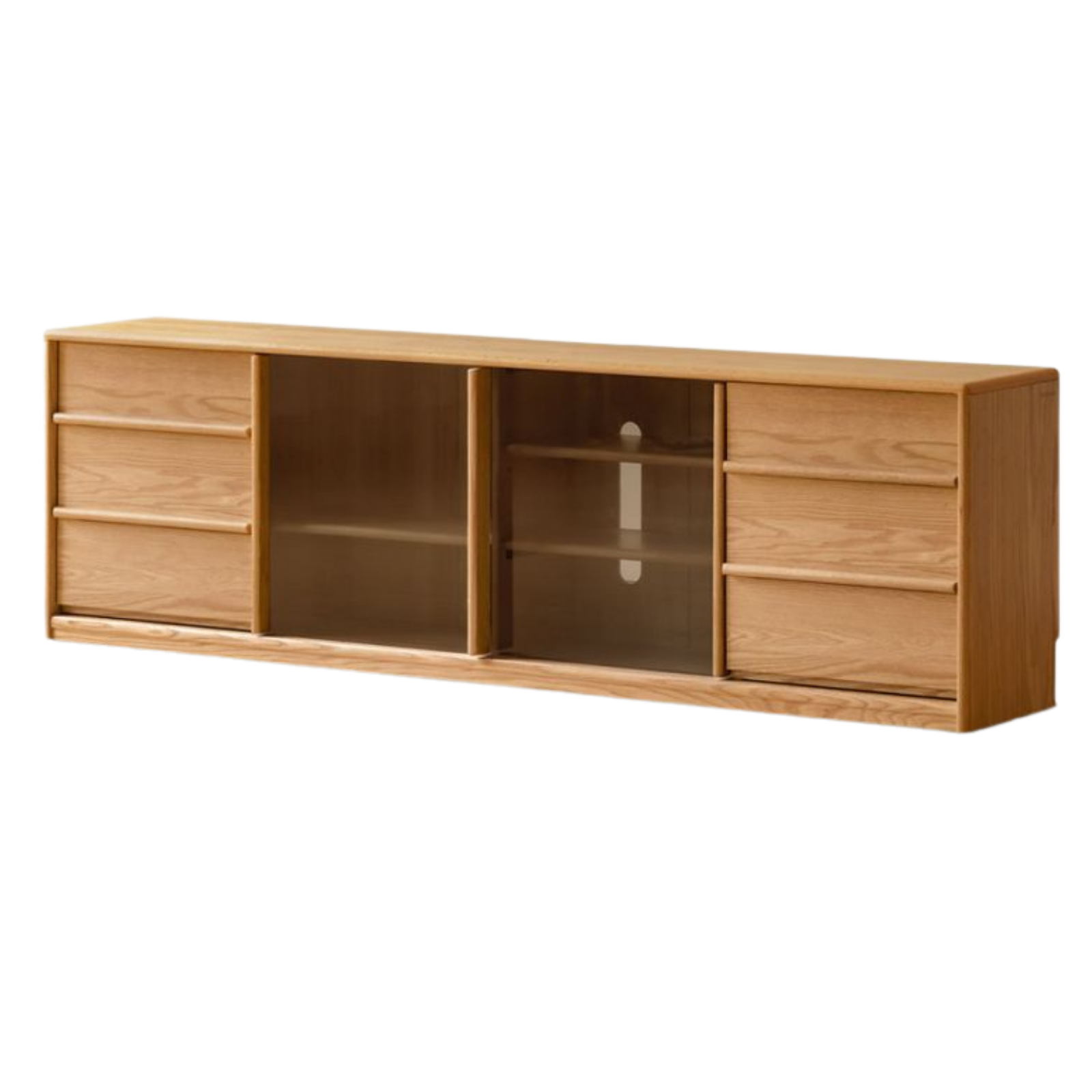 Oak Solid Wood TV Stand with Sliding Glass Doors and Drawers