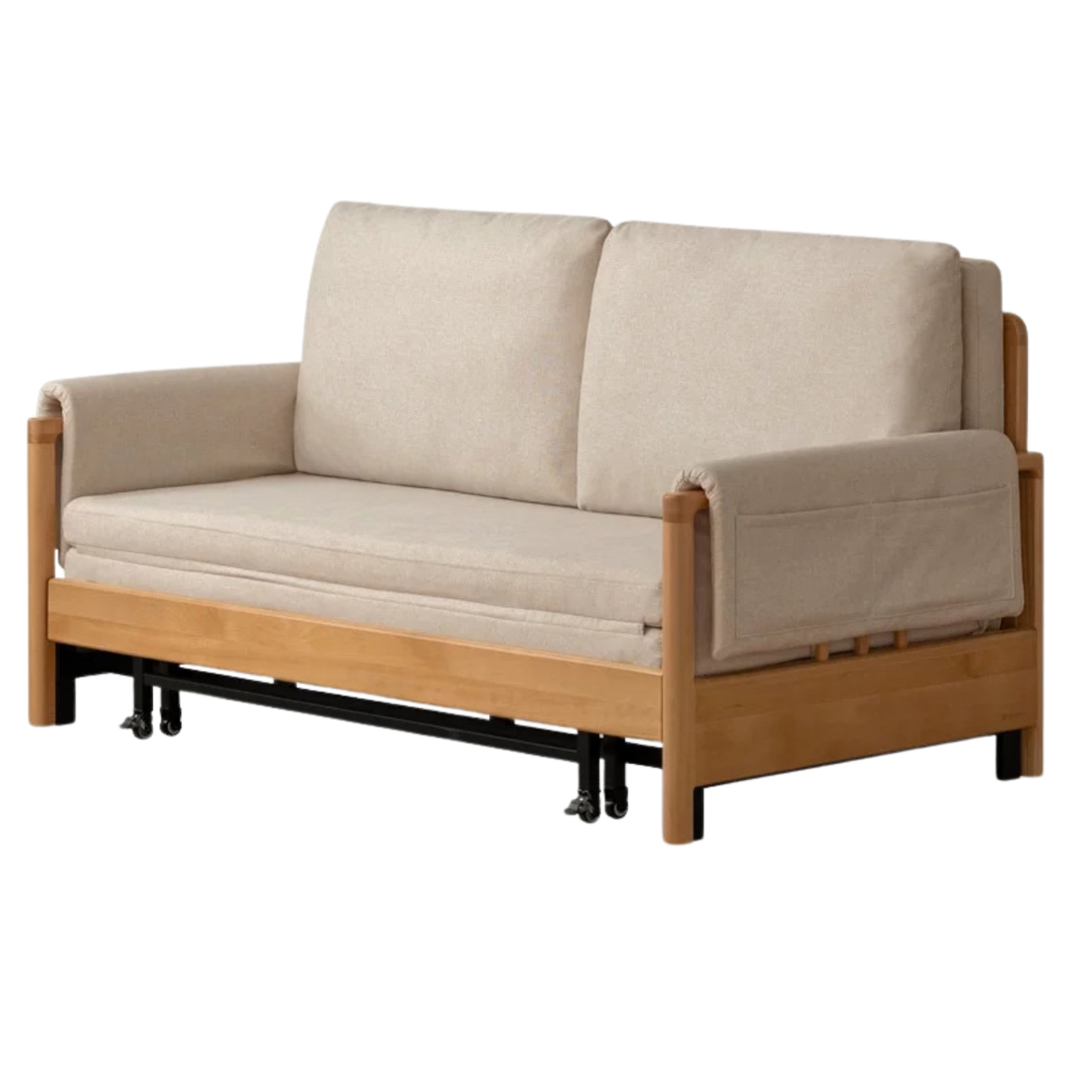 Beech Solid Wood Sleeper Sofa with Pull-Out Bed and Slatted Wood Armrests
