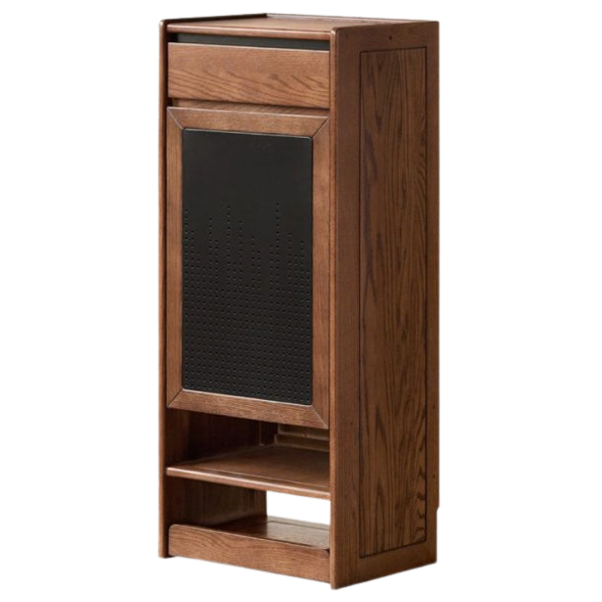 Oak Solid Wood Narrow Shoe Storage Cabinet with Flip-Top Compartment and Perforated Metal Door