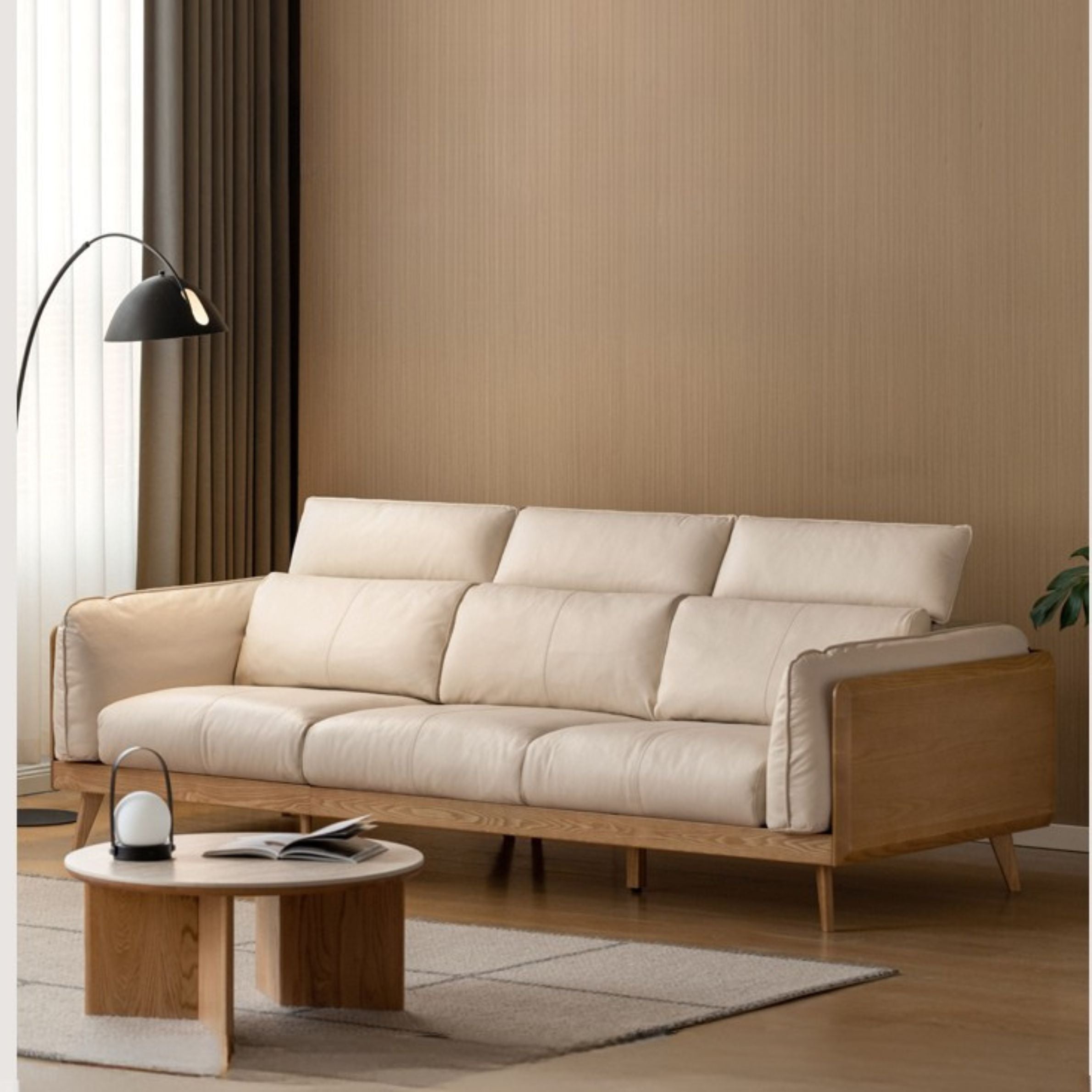Ash Solid Wood high back Sofa genuine leather, fabric