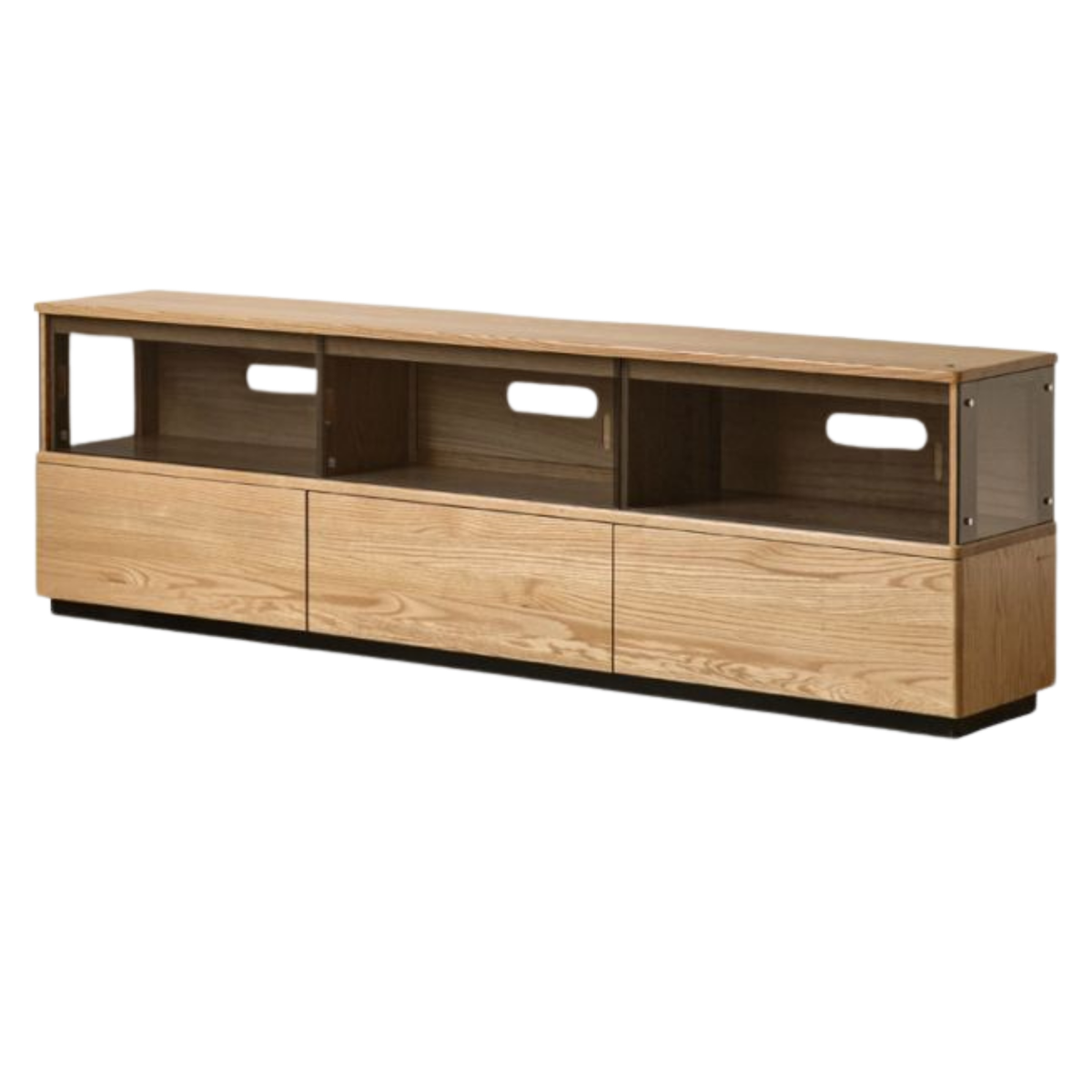 Oak Solid Wood TV Console with Illuminated Glass Display Case and Drawer Storage