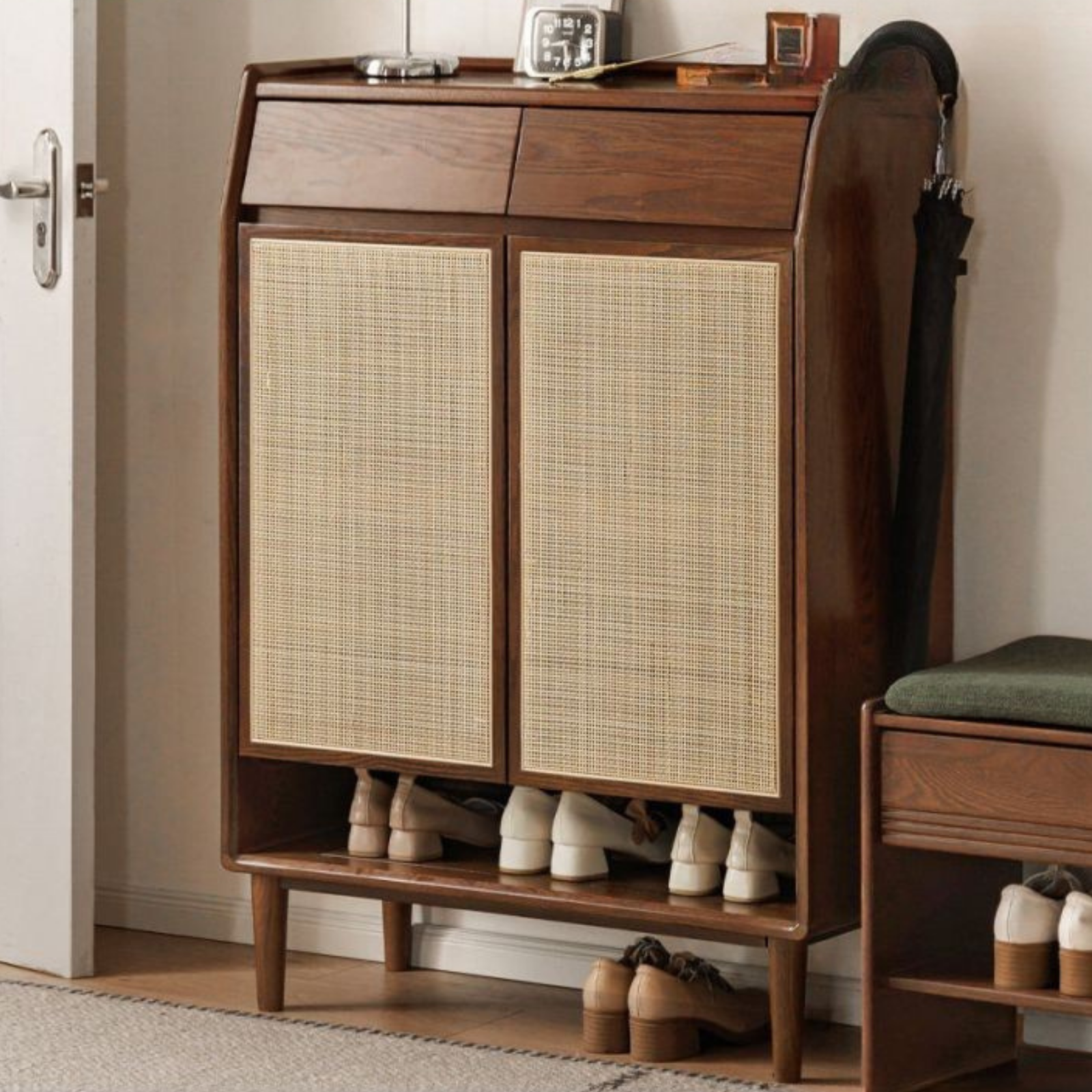 Oak Solid Wood Shoe Cabinet with Rattan Storage