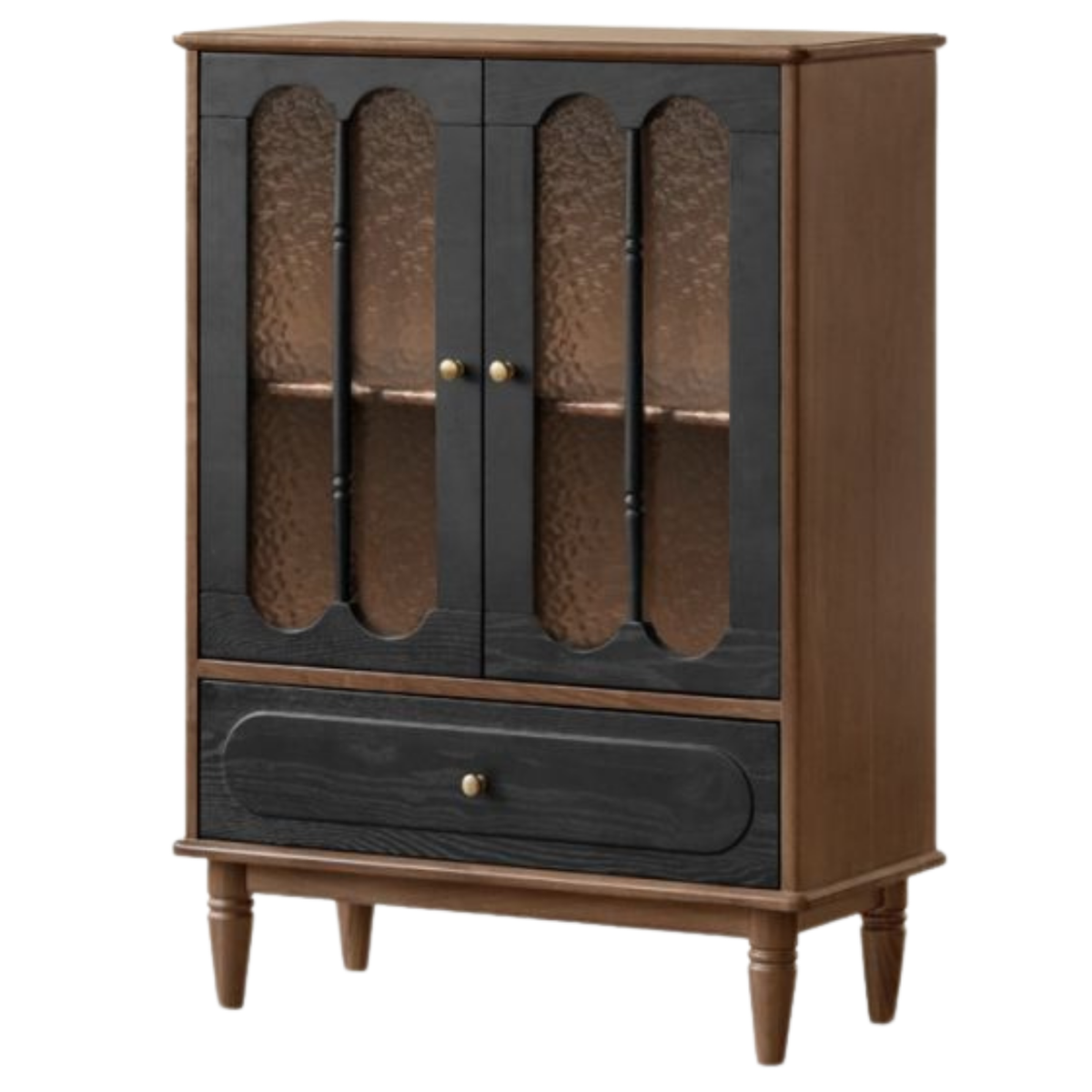 Black Walnut Solid Wood Vintage Curio Cabinet with Rippled Glass Doors and Brass Hardware