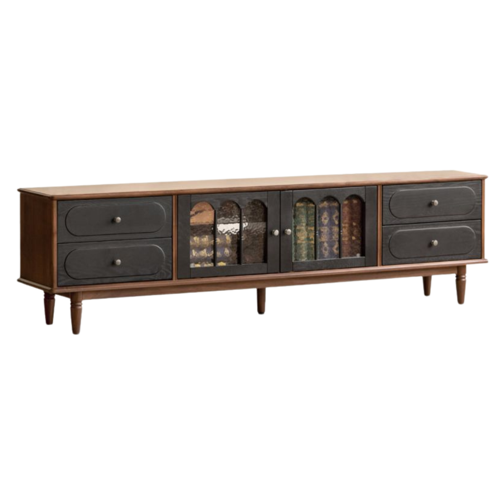 Black Walnut +ash Solid Wood  French Country TV Console with Arched Glass Doors
