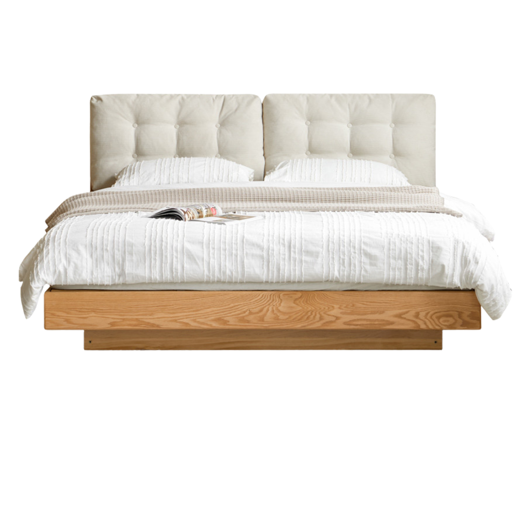 Oak Solid Wood with Upholstered Headboard Luminous Box Bed Cream Style