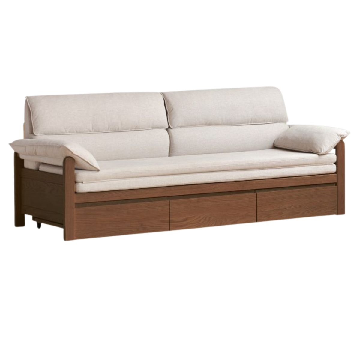 Oak Solid Wood Sofa Bed with Under-Seat Storage Drawers