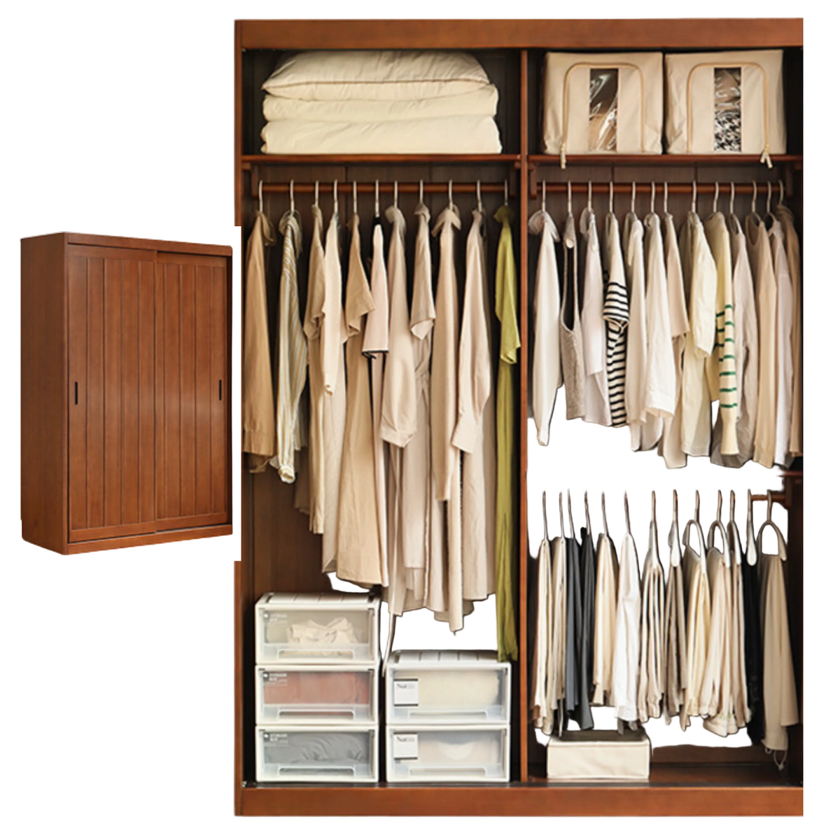 Poplar, Tulipwood Solid Wood Wardrobe Retro Sliding Door Wardrobe