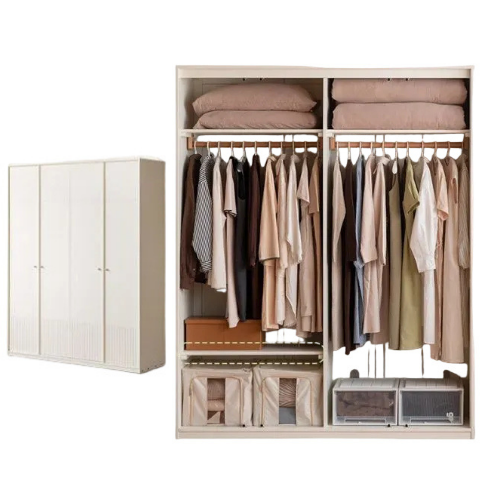 Pine Solid Wood Wardrobe with French Cream Finish and Double Doors