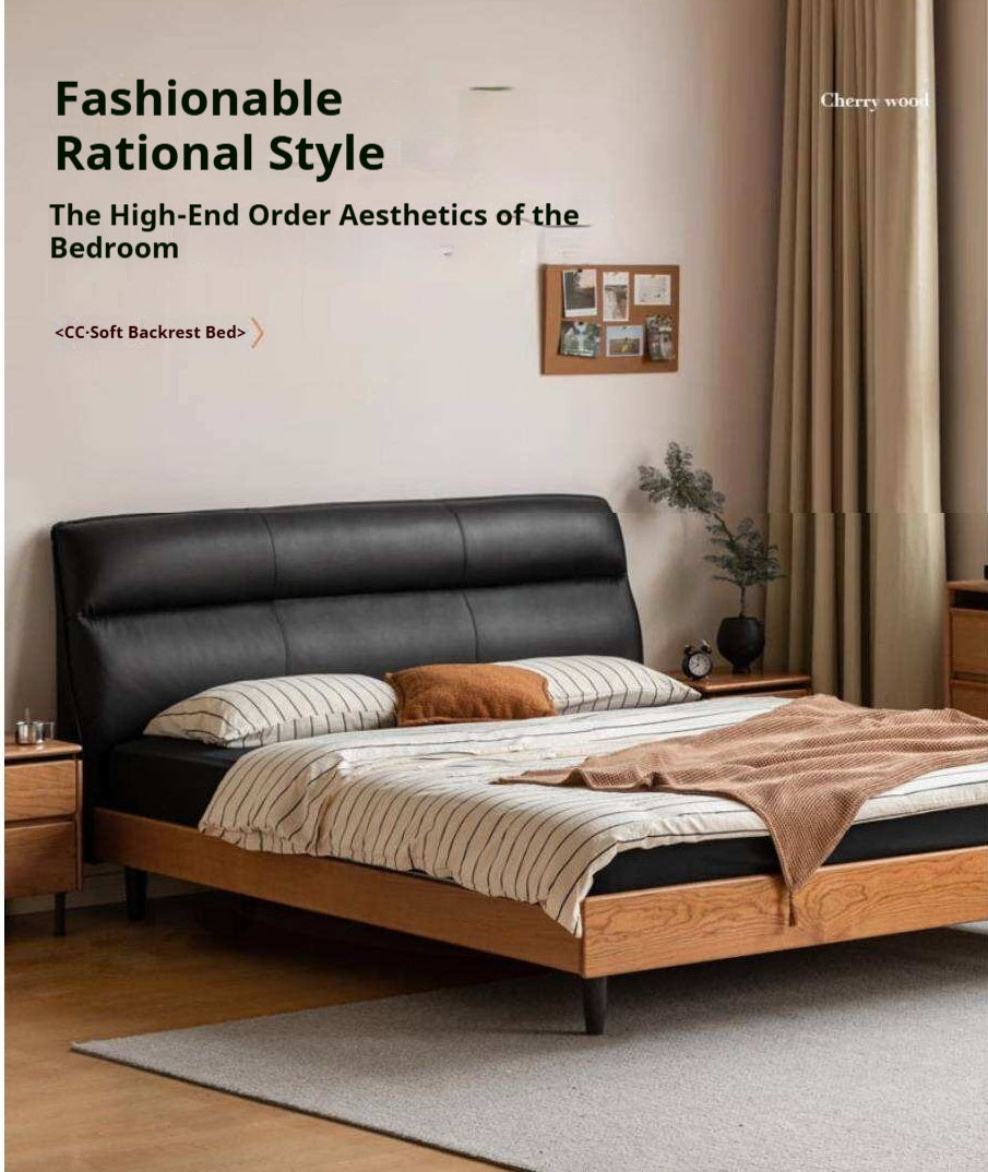 Cherry Solid Wood Genuine Leather Curved Upholstered Headboard Platform Bed