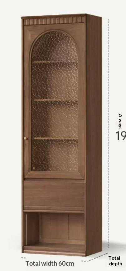 Black Walnut, Solid Sandalwood Arched Vintage Bookcase with Glass Door and Storage Drawer