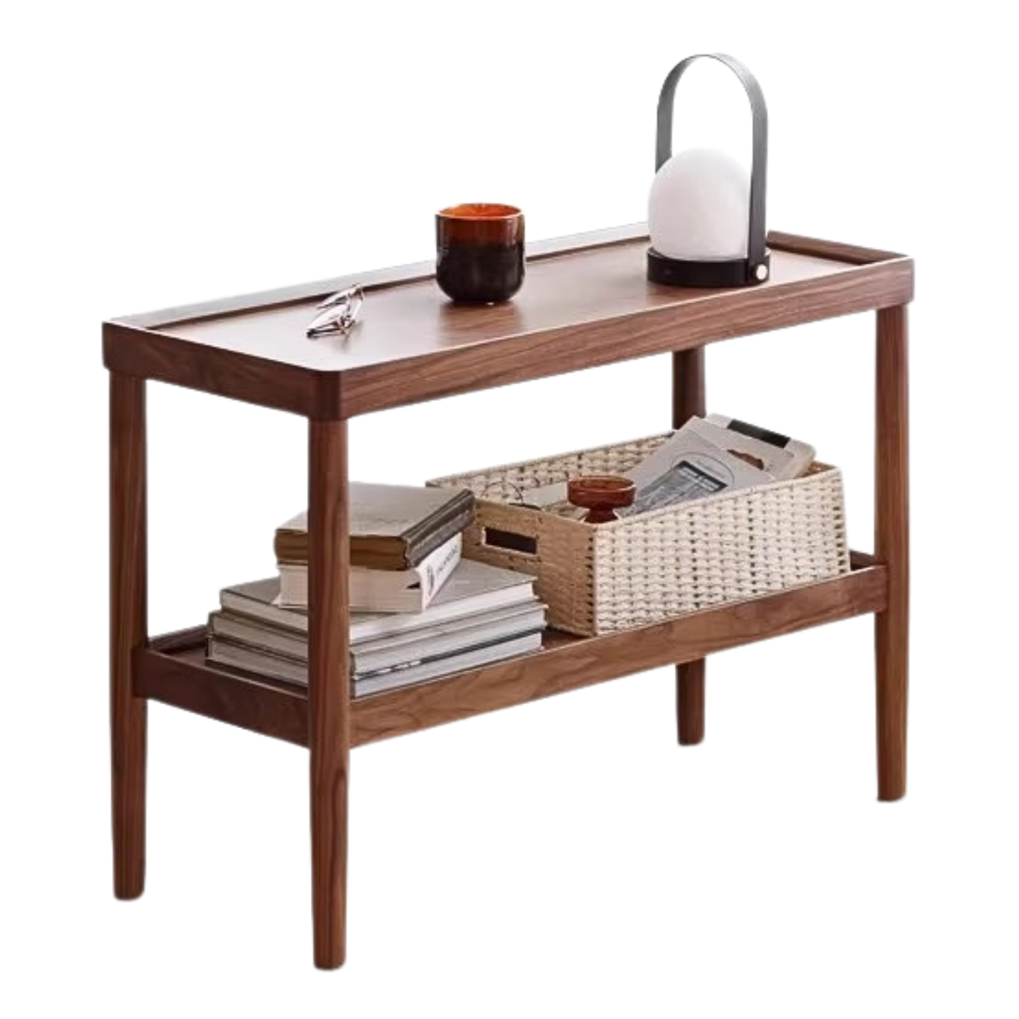 Black Walnut Solid Wood Side Table, Double Layer Storage Shelf