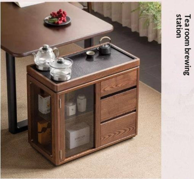 Ash Solid Wood Mobile Tea Cabinet Kettle Integrated