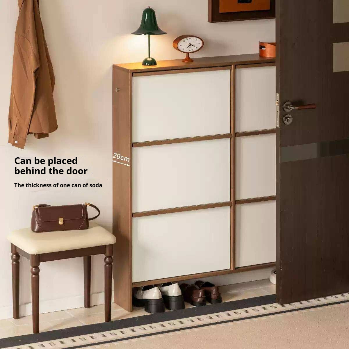 Rubberwood Solid Wood Flip Door Shoe Cabinet, Mid Century Slim Wall Mounted Entryway Storage Organizer