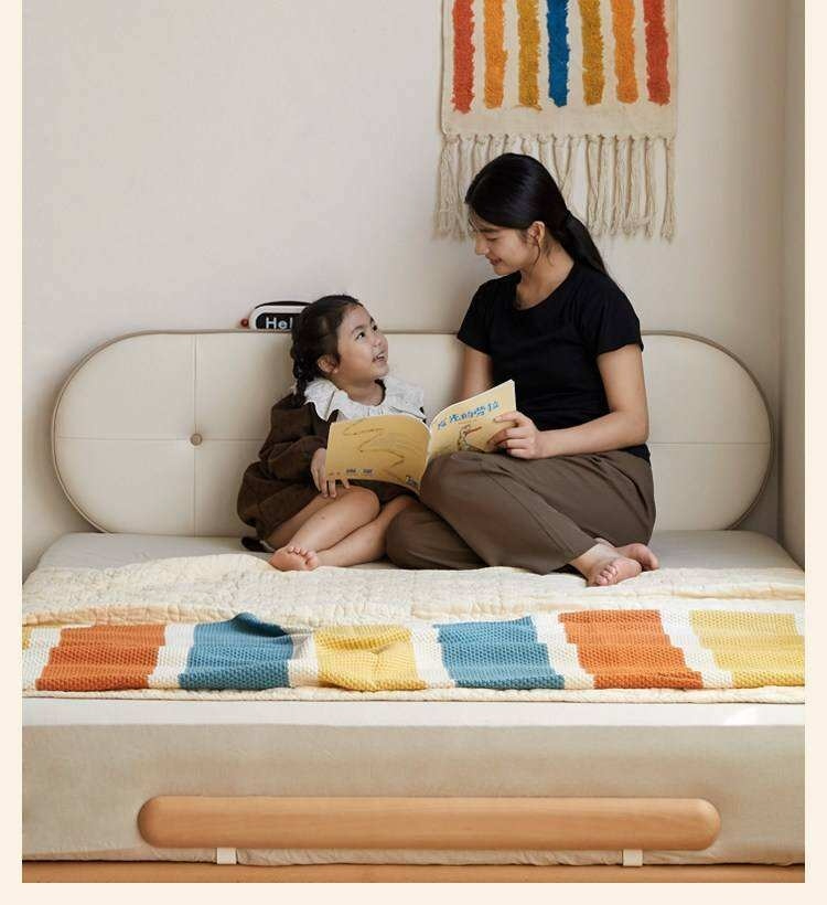 Beech Solid Wood Kids Floating Platform Bed with Upholstered Headboard and Optional Guardrails