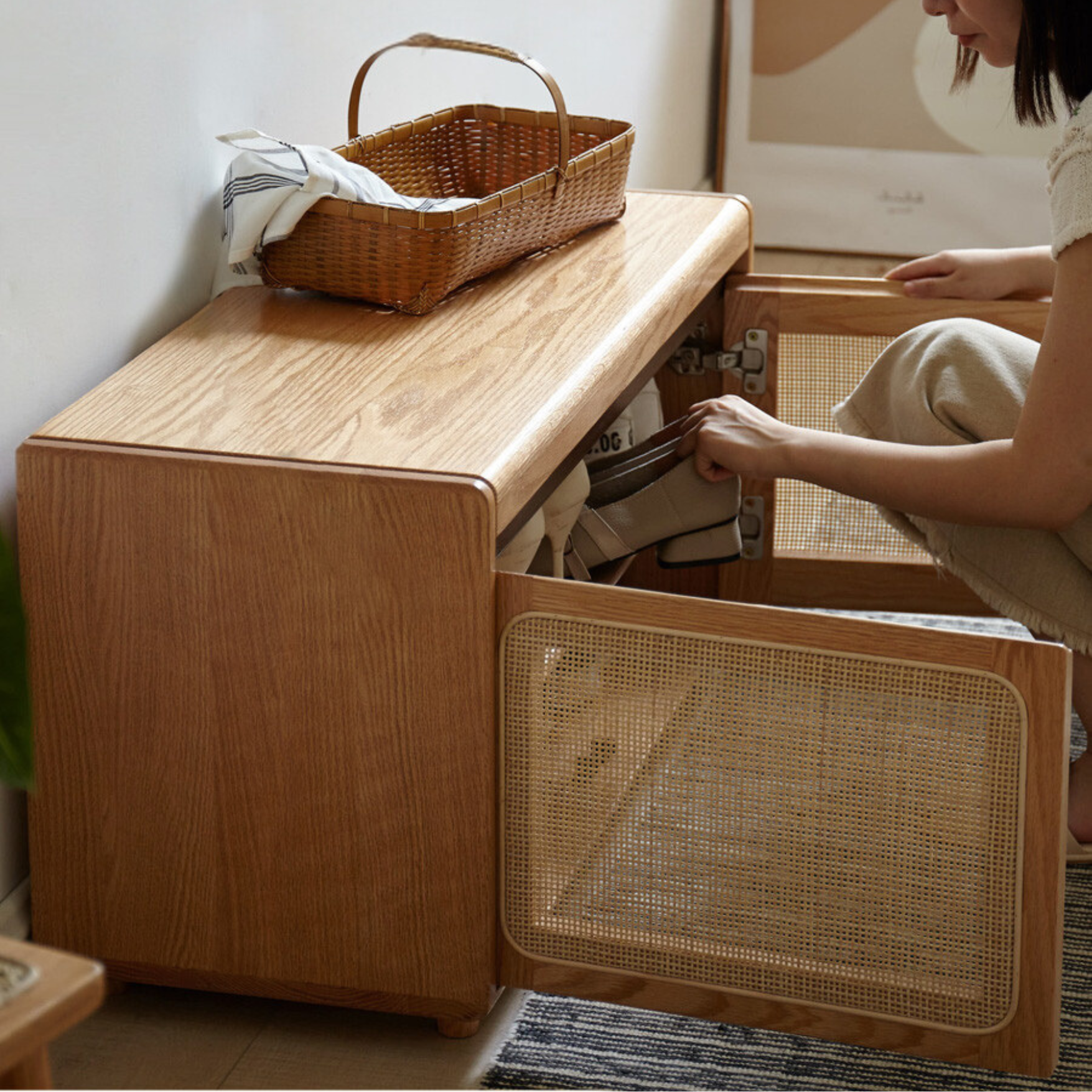 Oak Solid Wood Rattan Shoe Storage Bench