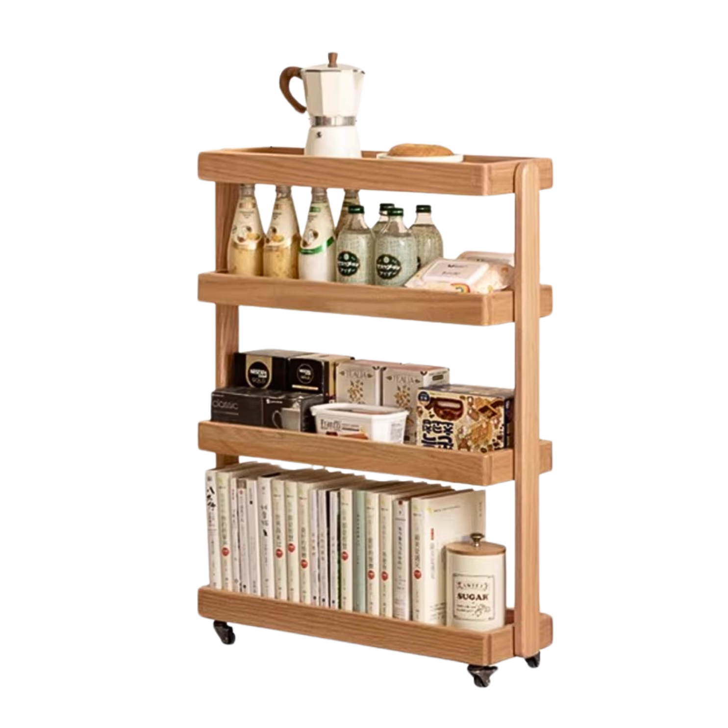 Oak Solid Wood Mobile Storage Rack Cart Ultra Narrow