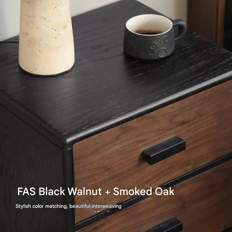 Black Walnut + Oar Solid Wood Two-Tone 2-Drawer Nightstand with Black Legs and Bar Pulls