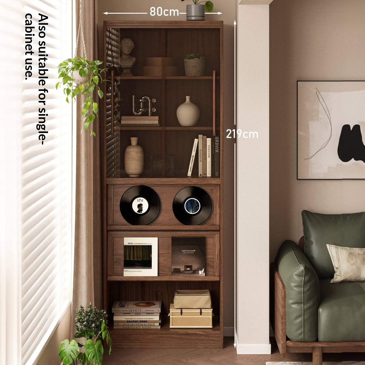 Black Walnut, Oak Solid Wood Floor-Standing Bookcase with Luxury Storage Cabinet