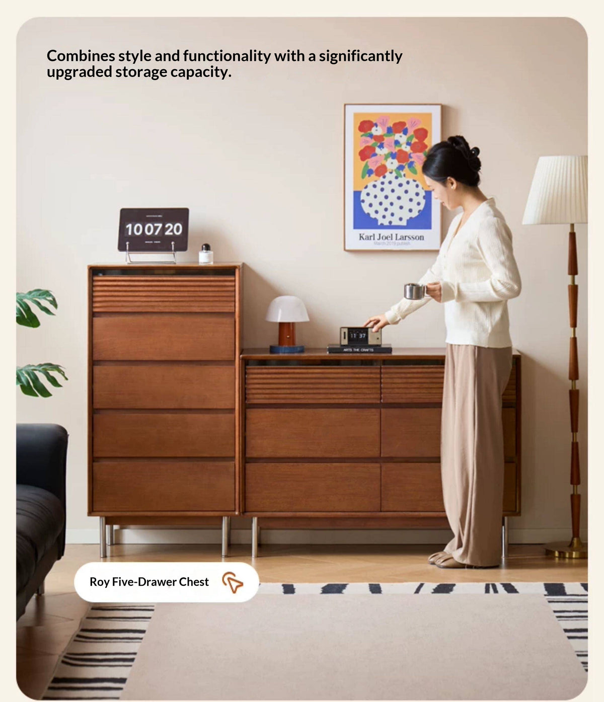 Rubberwood Solid 6-Drawer Dresser, Mid Century Bedroom Storage Cabinet