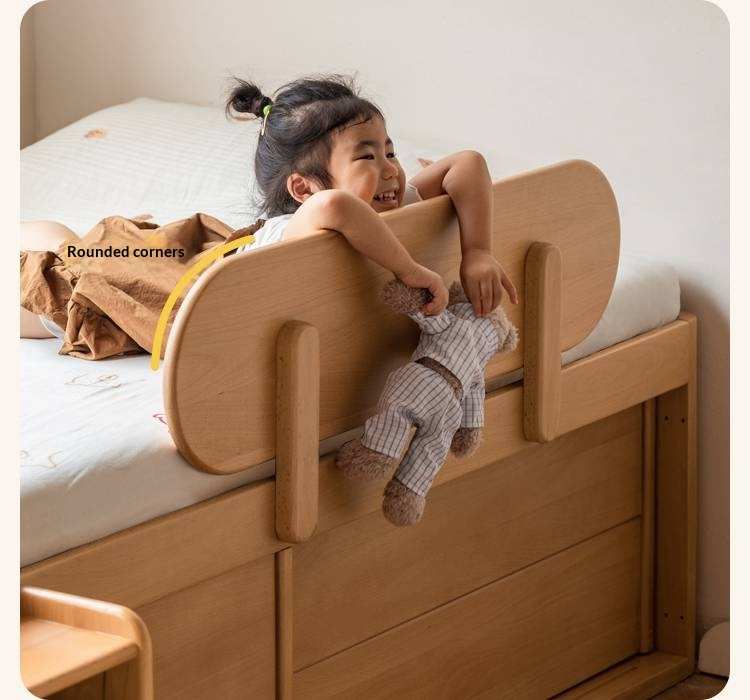 Beech, Rubberwood Solid Wood Kids’ Bed with Guardrail, Platform Bed, Headboard-Free Bed