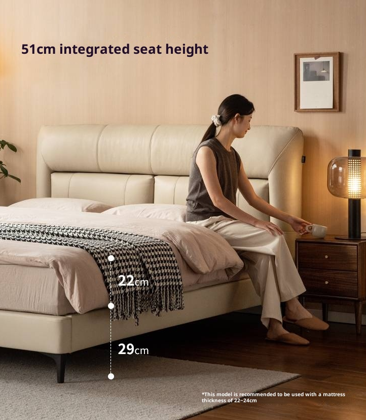 Genuine Leather Italian Light Luxury Soft Bed, White Cream Style