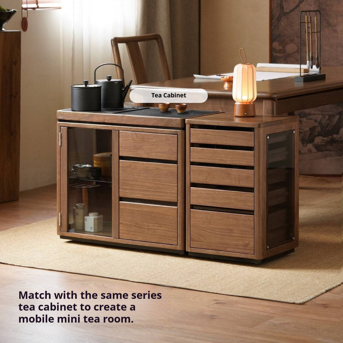 Black Walnut Solid Wood Tea Set Storage Rolling Side Cabinet with Fluted Drawers