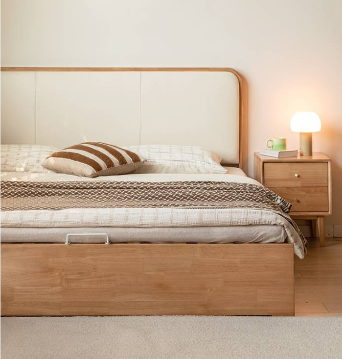 Oak Solid Wood Genuine Leather,  Eco-leather Box Bed