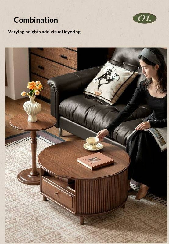 Black Walnut Solid Wood Coffee Table with Storage Drawer, Mid Century