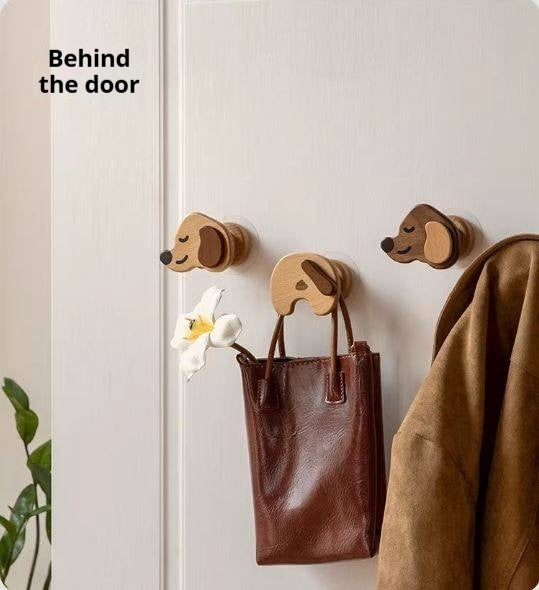 Beech, Black Walnut Solid Wood Puppy-Shaped Wall Hook with Cute Cartoon Design