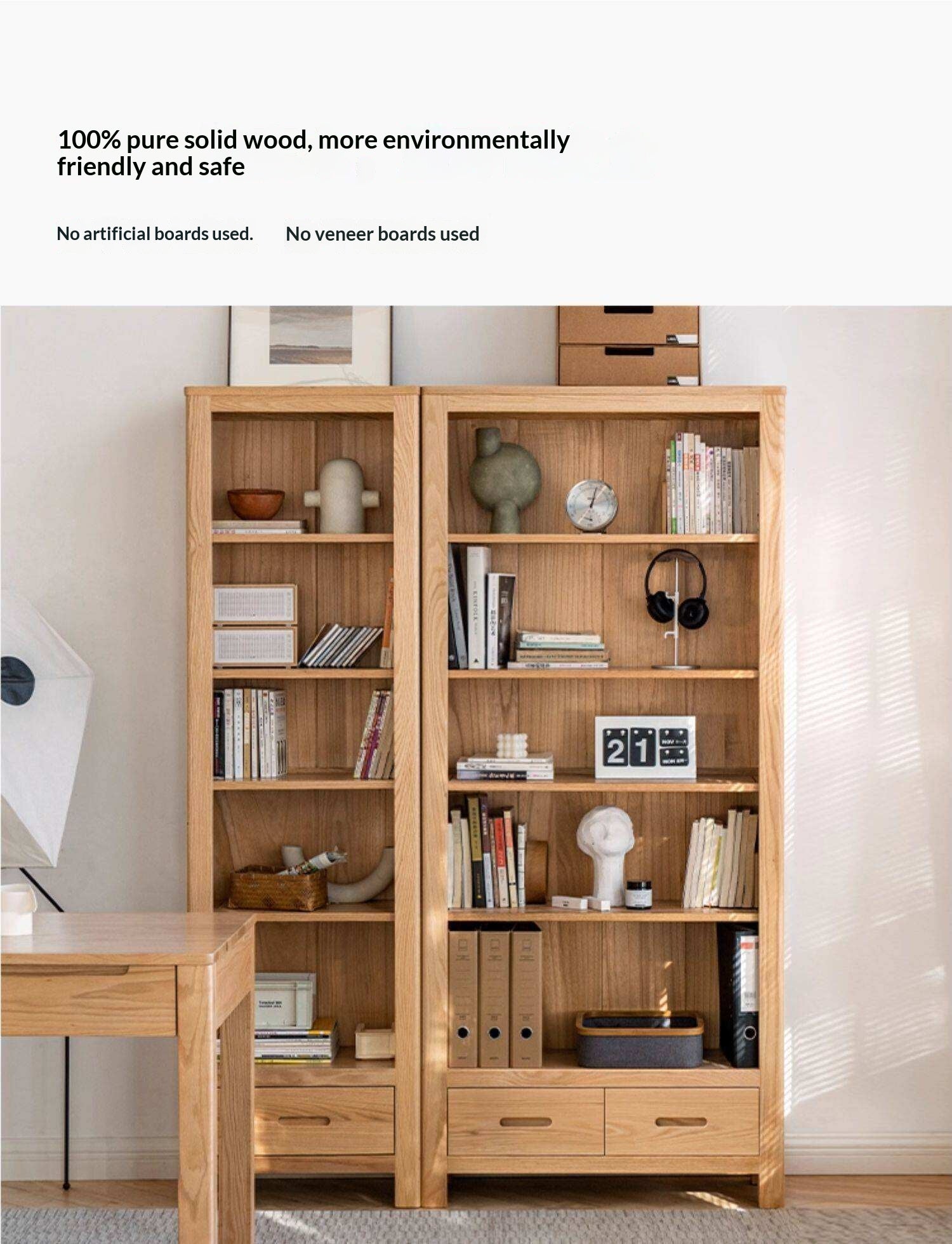 Oak, Solid Rubberwood Open Shelf Bookcase with Integrated Drawer