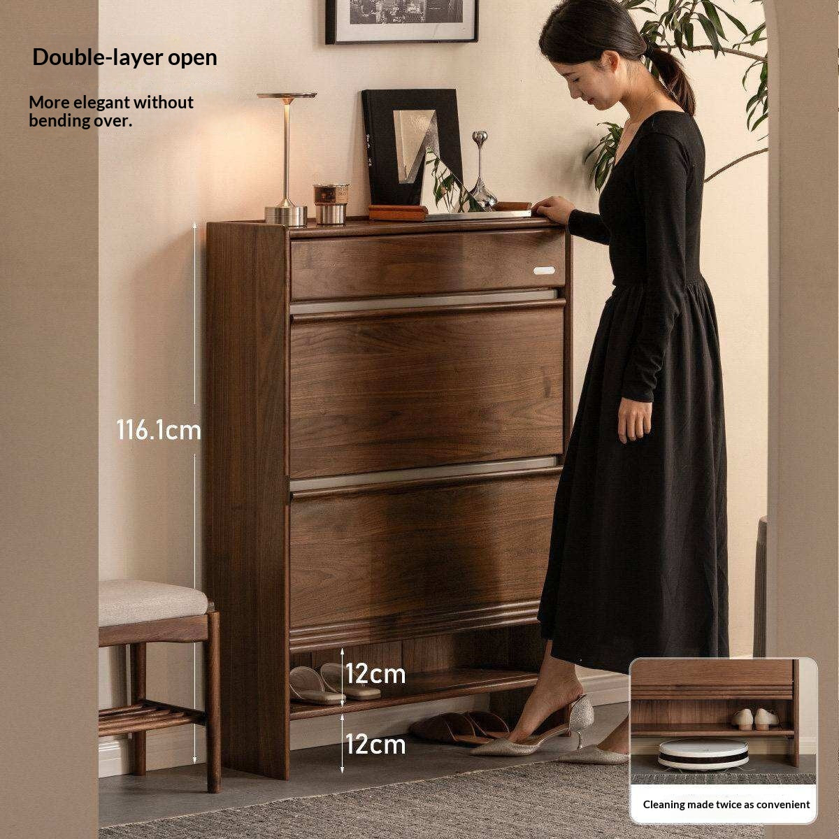 Black Walnut Solid Wood Flip Door Shoe Cabinet, Italian Style Entryway Storage Organizer