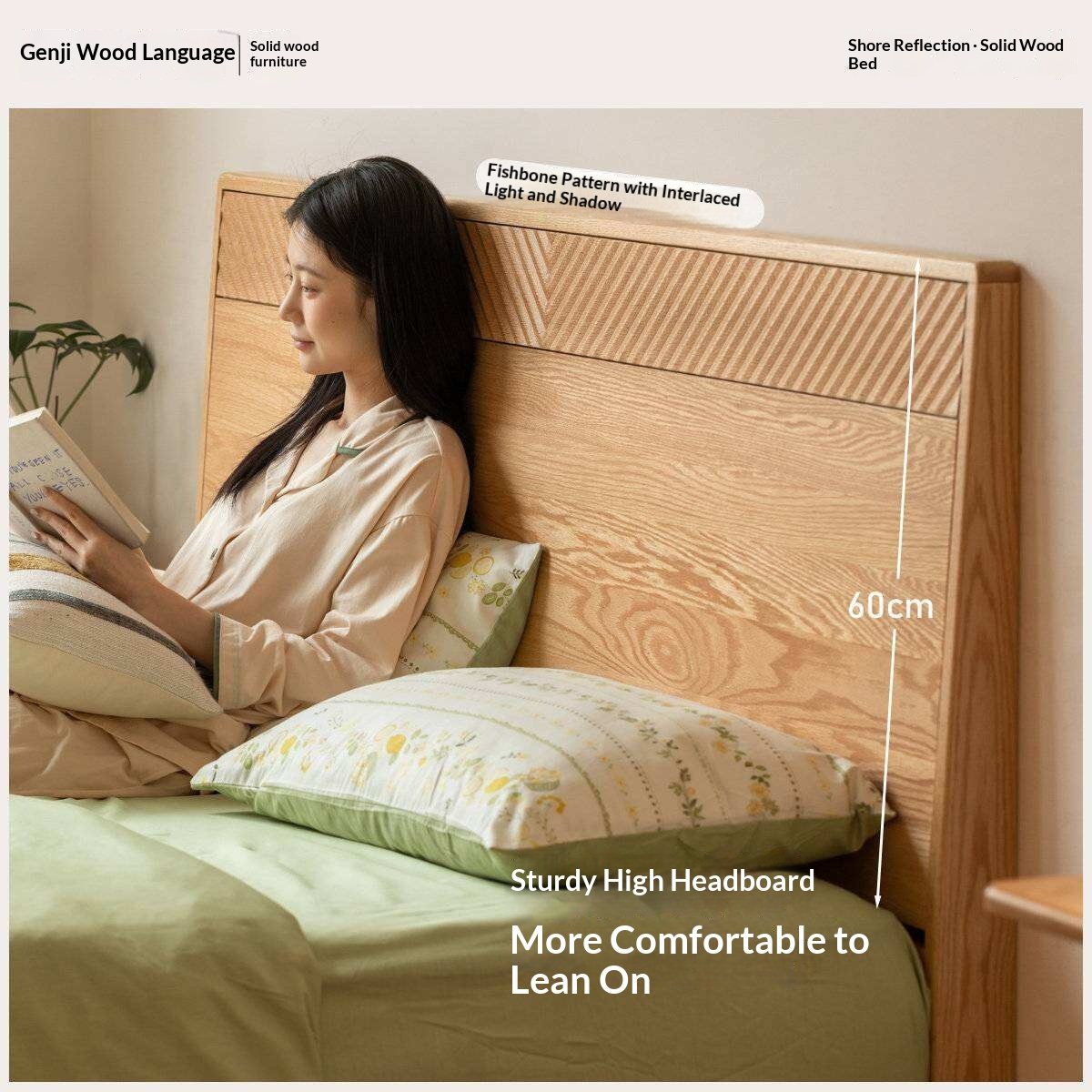 Oak Solid Wood Platform Bed with Grooved Panel Headboard Accent