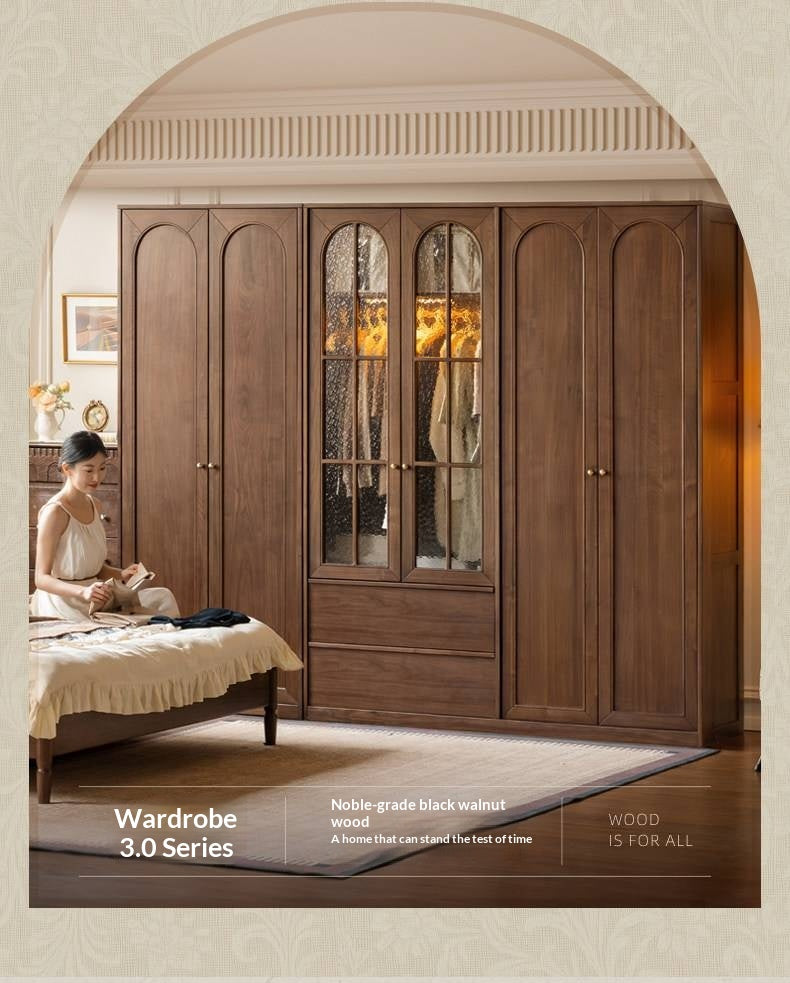 Black Walnut Solid Wood Wardrobe with French Retro Style and Double Doors