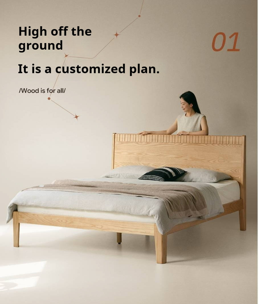 Ash Solid Wood Modern Minimalist Bed with Grooved Headboard and High Under-Bed Clearance