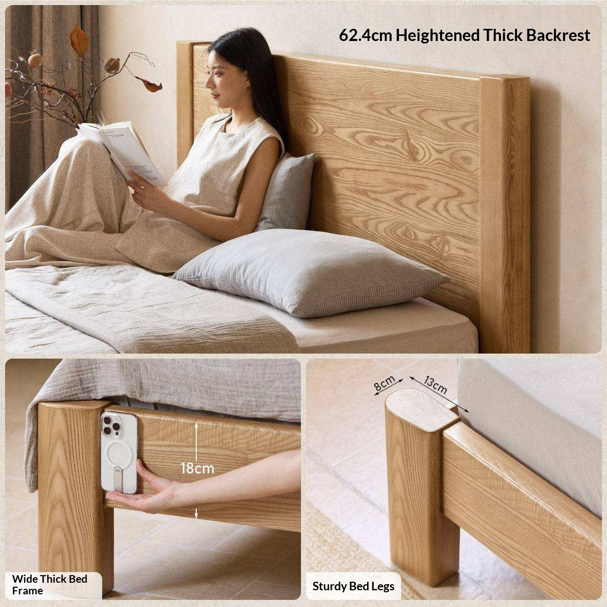 White Ash Solid Wood Platform Bed with Tall Flat Panel Headboard