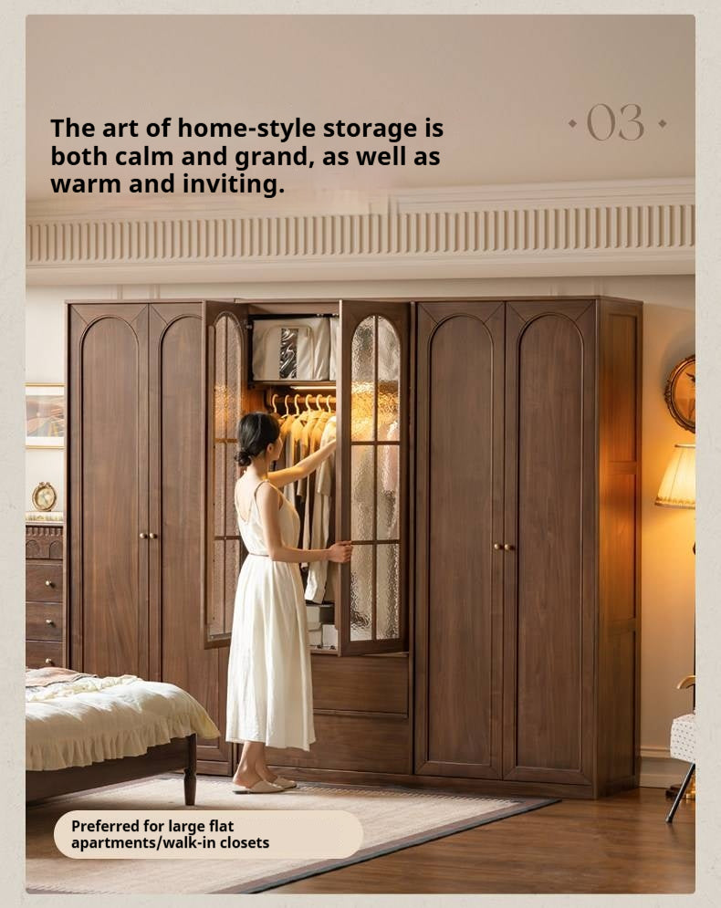 Black Walnut Solid Wood Wardrobe with French Retro Style and Double Doors