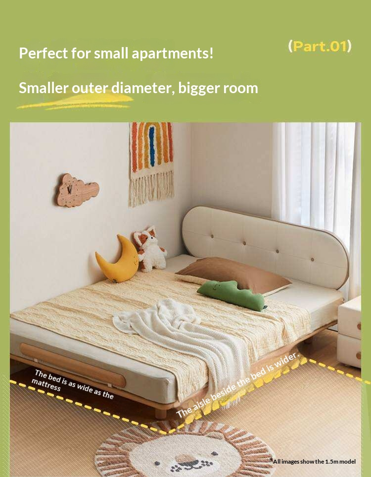 Beech Solid Wood Kids Floating Platform Bed with Upholstered Headboard and Optional Guardrails