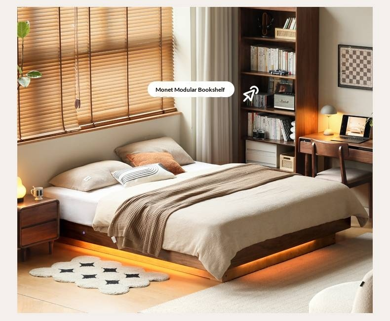 Black Walnut Solid Wood Platform Box Bed, Headboard-Free Bed Night Light Suspended Bed