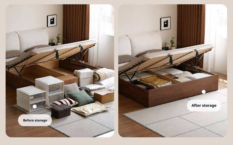 Rubberwood Solid Wood Storage Bed with Lift-Up Platform and Oversized Cushioned Headboard