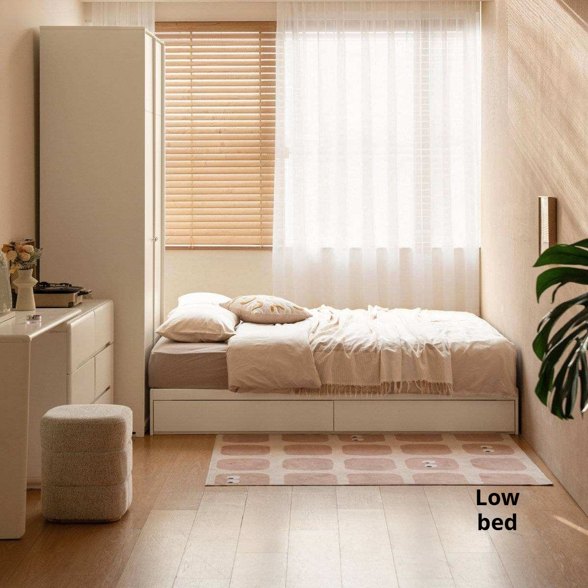Rubberwood Solid Wood Platform Storage Bed with Gas Lift Base and Side Drawers